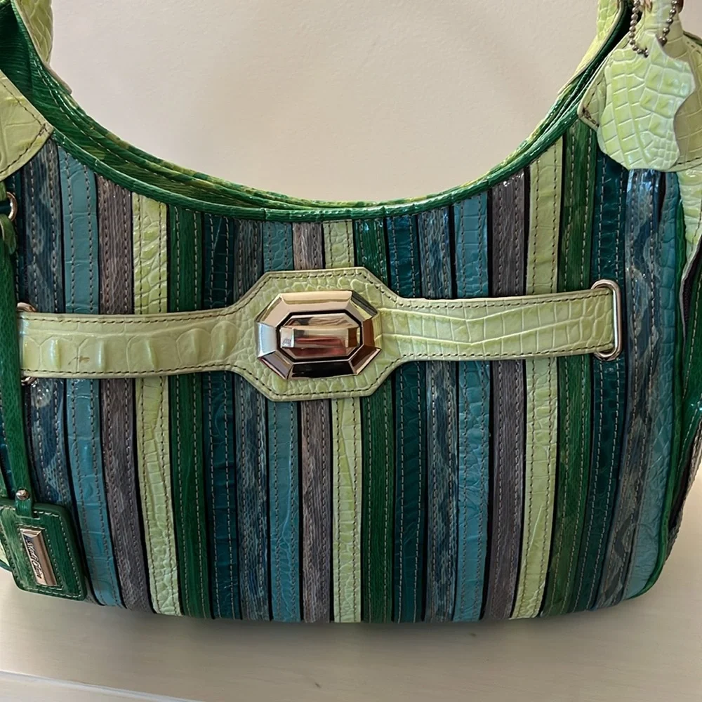 M.C. Marc Chantal Striped Green and Blue Shoulder Bag - Picture 3 of 8